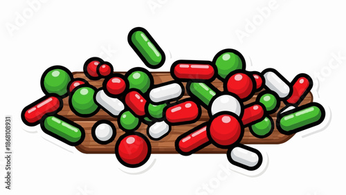 A pile of colorful, glossy capsules and spheres scattered on a wooden surface