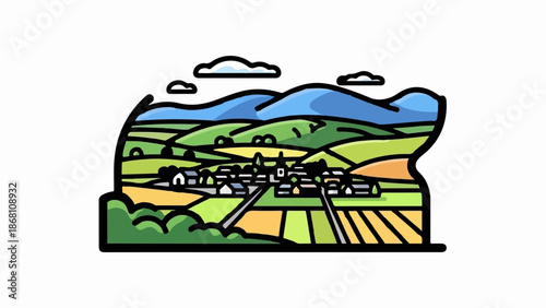 A quaint village nestles in rolling green hills under a bright blue sky