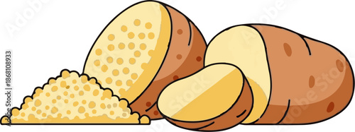 A pile of cut and whole potatoes with a mound of potato pieces