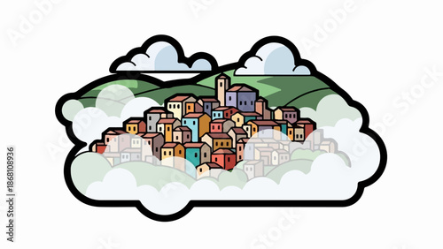 A quaint village with colorful buildings nestles amidst rolling green hills and clouds