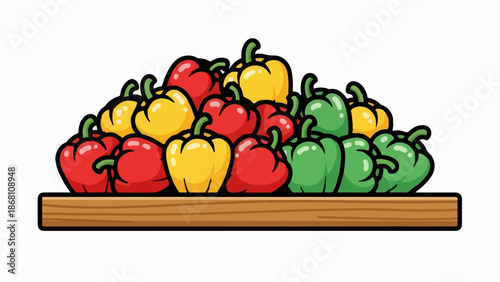 A pile of colorful bell peppers in red, yellow, and green on a wooden shelf