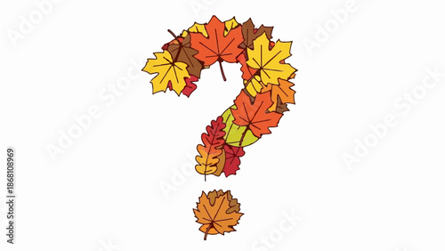 A question mark symbol formed by colorful autumn leaves on a white background