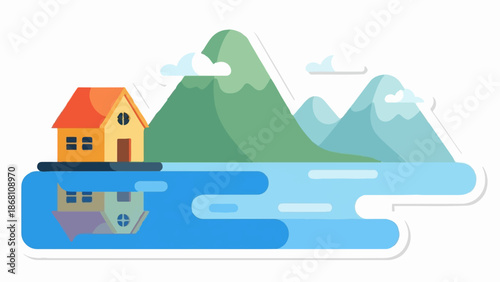 A quaint, yellow house with an orange roof sits by a calm blue lake, reflecting mountains