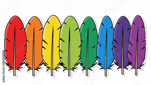 A rainbow of seven colorful, stylized feathers