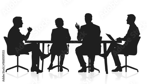 Silhouette of four business professionals sitting at a table during a meeting symbolizing teamwork communication leadership and corporate decision making isolated on white background.