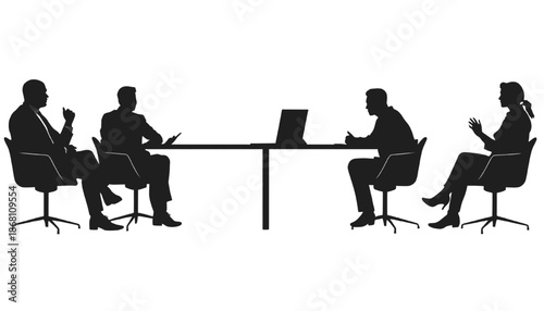 Silhouette of five business professionals seated at a conference table during a corporate meeting with laptop symbolizing teamwork communication strategy and leadership isolated on white background.