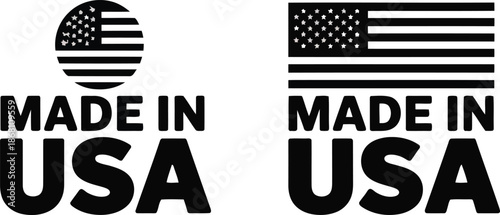 Two distinct black and white Made in USA labels showcase American pride and product origin