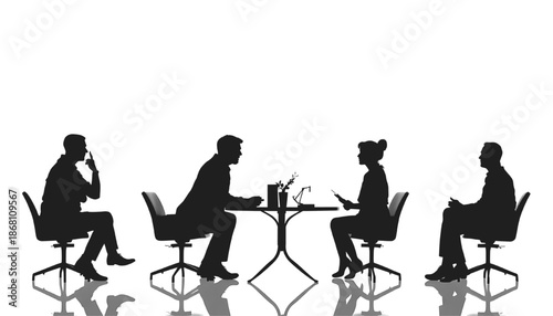 Silhouette of business professionals seated at a table having a discussion or interview meeting representing communication negotiation teamwork and corporate decision making isolated on white.
