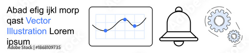 Data visualization, technology, notifications, innovation, operations, management. A graph with data points, a notification bell and gears. Data visualization and technology concept