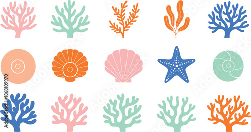 Minimal Coral and Seashell Vector Set with Starfish Abstract Marine Elements Flat Illustration Collection