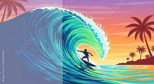 Surfer riding wave silhouette artwork summer beach day vector illustration