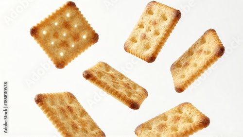 Floating saltine crackers against white background