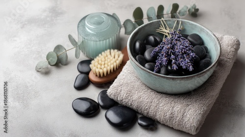 Flatlay of spa tranquility: ceramic bowl with lavender buds smooth black stones linen towel neatly folded frosted tealight