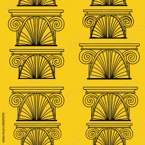 Yellow background features a seamless pattern of black line art, illustrating classical Ionic column capitals with volutes and fan motifs.