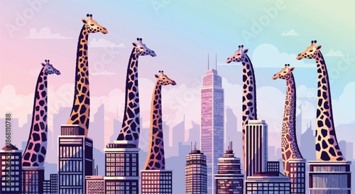 Giraffe Silhouettes Standing Amidst Modern City Buildings and Sunset Skyline