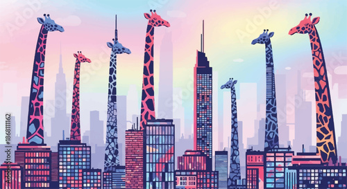 Surreal Giraffes and City Skyscrapers Mixed with Soft Sunset Sky Backdrop
