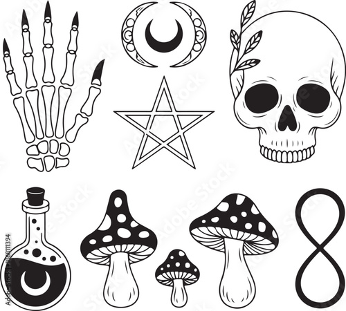 black and white illustration of occult and mystical symbols and objects