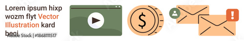 Online learning, email notifications, financial transactions, media streaming, communication tools, ecommerce. Video player, dollar coin and email icons. Online learning and email notifications