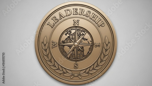 A gold leadership compass medal with a laurel wreath and world map