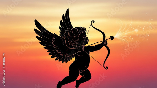 A vector graphic illustration of Cupid shooting an arrow at sunset
