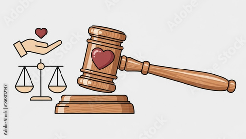 A vector graphic illustration of a gavel with a heart and scales of justice symbolizing love and fairness in law.