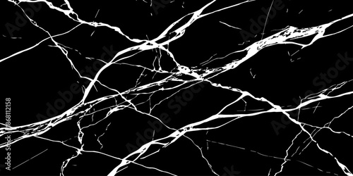 Elegant black marble texture with bold white natural veins forming dramatic cracks. High-resolution stone background ideal for luxury design, interior decor, tiles, surfaces, wallpapers, and branding.
