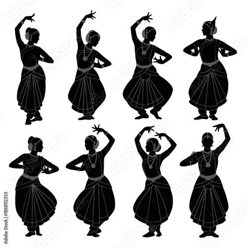 Traditional Indian Female Dance Silhouettes in Various Poses