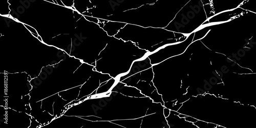 Elegant black marble texture with bold white natural veins forming dramatic cracks. High-resolution stone background ideal for luxury design, interior decor, tiles, surfaces, wallpapers, and branding.