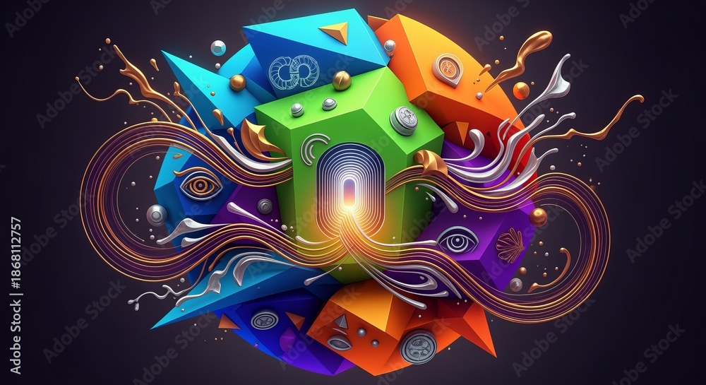 Obraz premium Abstract Geometric Orb with Glowing Portal Entrance and Swirling Ornaments