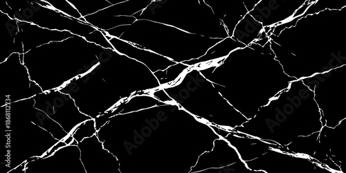 Elegant black marble texture with bold white natural veins forming dramatic cracks. High-resolution stone background ideal for luxury design, interior decor, tiles, surfaces, wallpapers, and branding.
