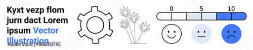 Gear icon next to wheat stems, a satisfaction progress scale with smiling, neutral, and unhappy faces. Ideal for data analysis, agriculture, emotions, progress tracking, user feedback teamwork