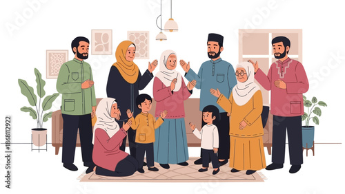 Joyful Muslim family reunion, celebrating togetherness and cultural traditions in a cozy home setting with multiple generations