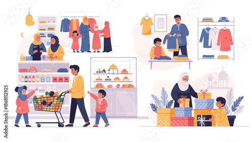 Family shopping for groceries and gifts, illustrated scenes of everyday life and festivities
