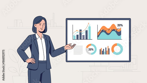Business woman presenting charts and graphs showing financial growth and analysis
