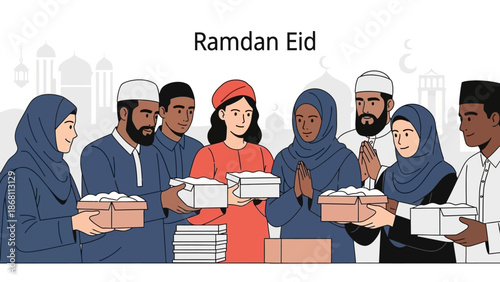 Ramadan Eid celebration with diverse people sharing gifts and food, symbolizing community and togetherness