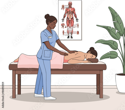 Vector Illustration of a Professional Female Therapist Performing a Back Massage on a Patient in a Clinical Setting