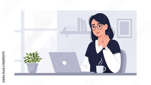 Thoughtful professional woman in eyeglasses diligently working on her laptop at a minimalist desk, embodying focus and productivity in a modern remote office