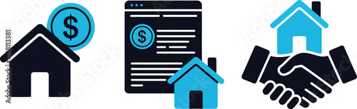 Collection of three blue icons depicting home related financial transactions and property dealings