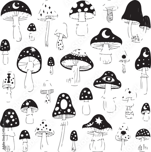 black and white illustration of various mushrooms with creative designs