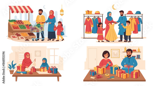 Muslim family holiday preparations shopping for essentials and festive attire, alongside heartwarming moments of gift wrapping and sharing joy