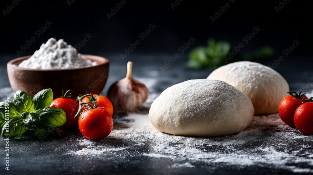 Fototapeta premium Raw pizza dough balls sit on a well-floured surface, surrounded by vibrant cherry tomatoes, fresh basil, garlic, and a bowl of flour, inviting culinary creativity in a cozy kitchen scene