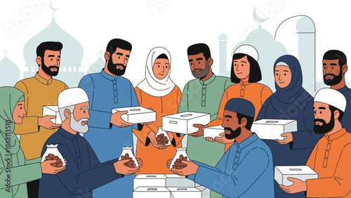 Muslim community members collectively contributing to a charitable cause
