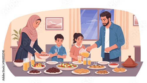 Happy family enjoying a delightful evening meal together, sharing food and drinks at home, symbolizing togetherness and warm traditions