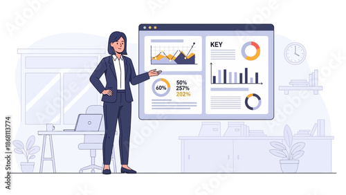 Businesswoman Presenting Financial Data on a Digital Screen with Charts and Graphs