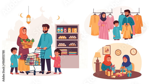 Muslim family engaging in everyday activities, including grocery shopping, selecting clothing, and gift wrapping, showcasing cultural traditions and community spirit