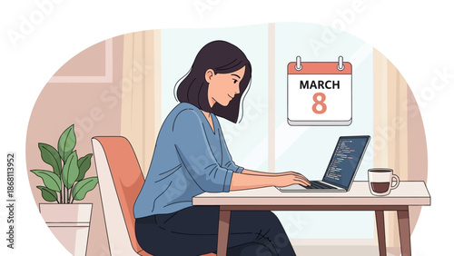 Woman working on a laptop on International Women's Day, with a calendar displaying March 8th