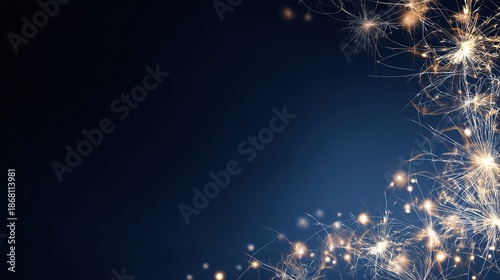 New Year's Eve banner for the holiday, bright fireworks and sparklers, twinkling lights and festive decorations on a deep blue background create a joyful celebratory atmosphere.