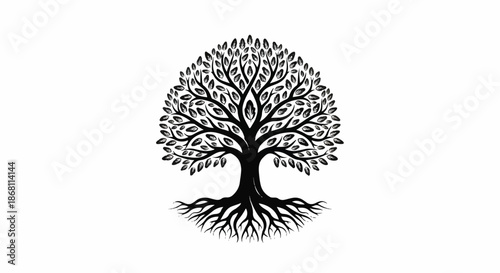 Intricate Black and White Tree of Life Silhouette with Deep Roots and Lush Leafy Canopy