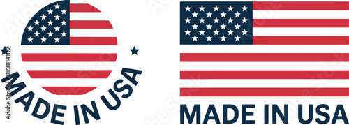 Distinctive Made in USA emblems featuring the American flag signify national product manufacturing origin