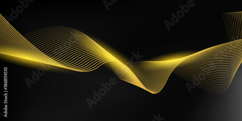 Abstract luxury with shining gold lines waves on black background. Futuristic background of flowing gold lines for banner, poster, cover, brochure, flyer, website